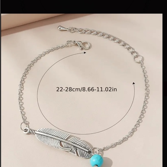 Silver Feather Design Anklet with White Bead Accent - Picture 2 of 4